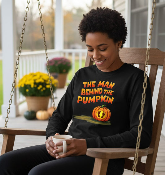 The Man Behind the Pumpkin pregnancy announcement Long Sleeve Tee Black lifestyle mockup
