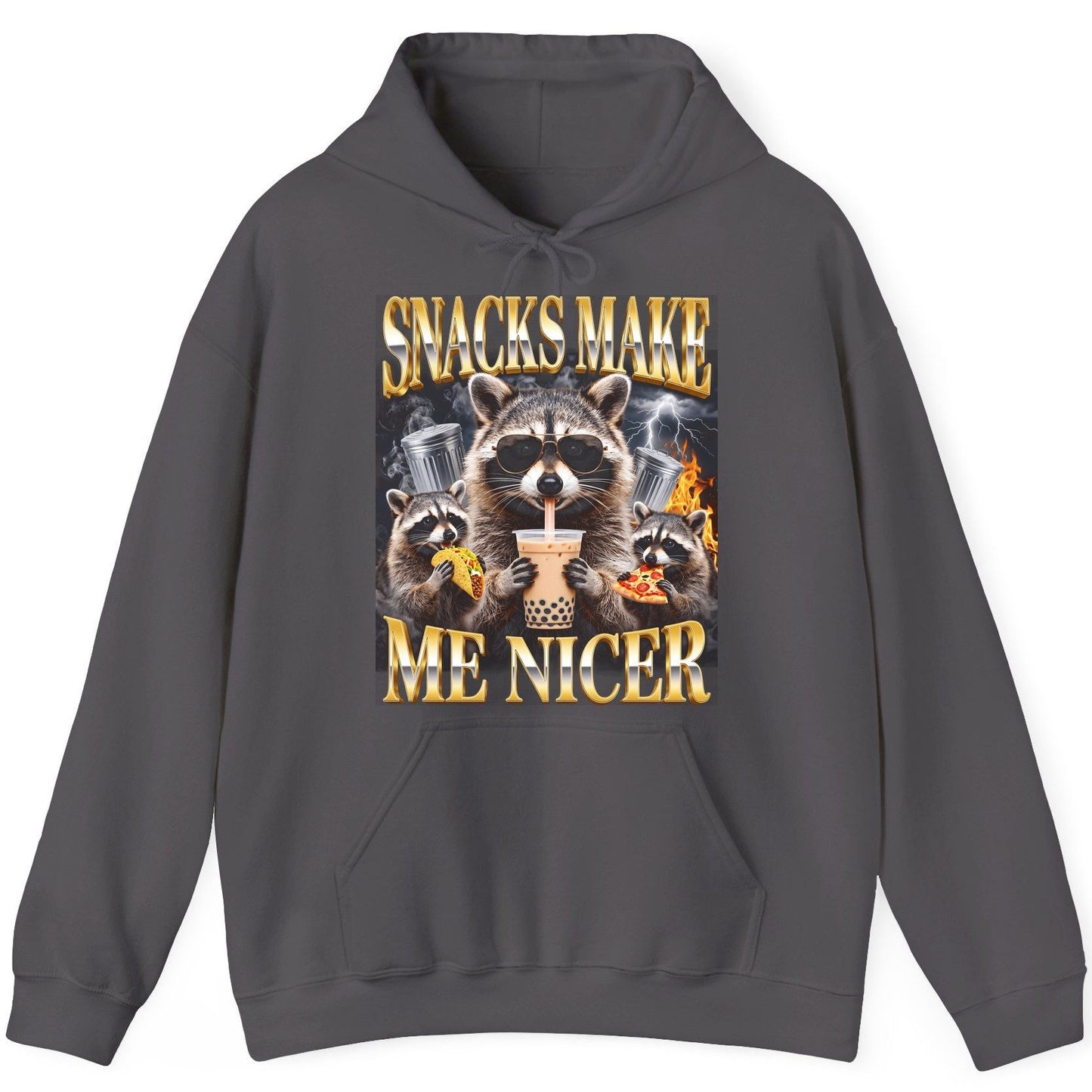 SNACKS MAKE ME NICER Funny Raccoon Hoodie - product mockup - Charcoal