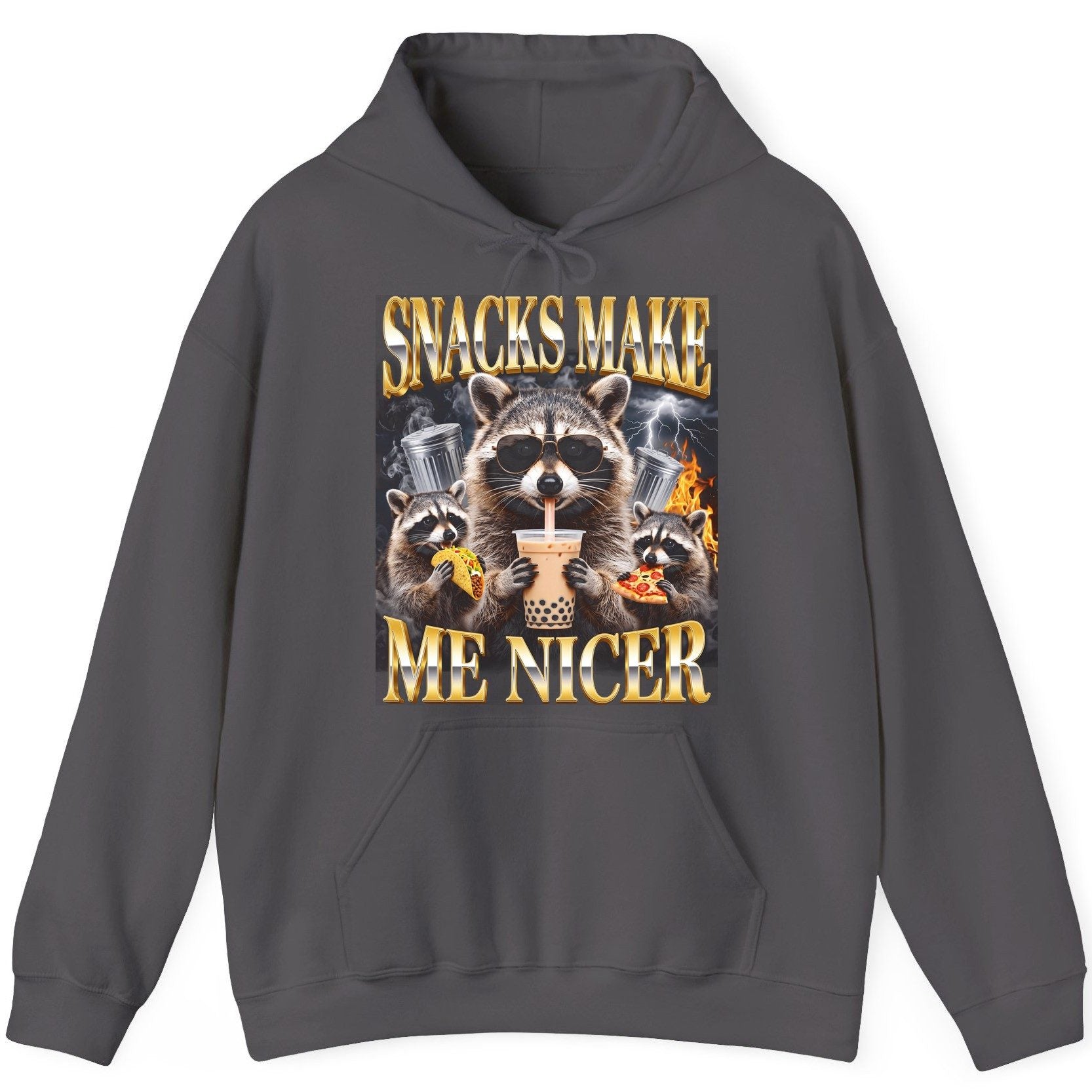 SNACKS MAKE ME NICER Funny Raccoon Hoodie - product mockup - Charcoal