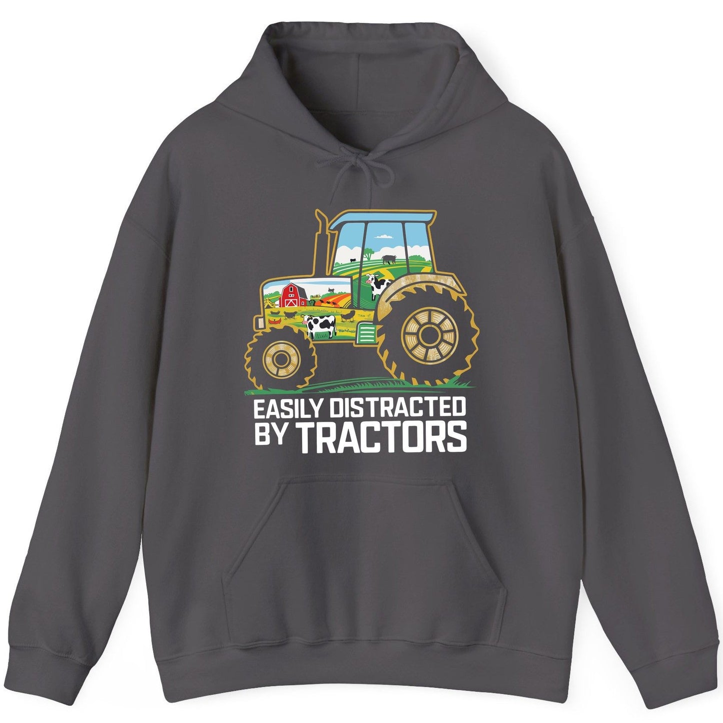 Easily Distracted by Tractors farming Hoodie Charcoal product mockup