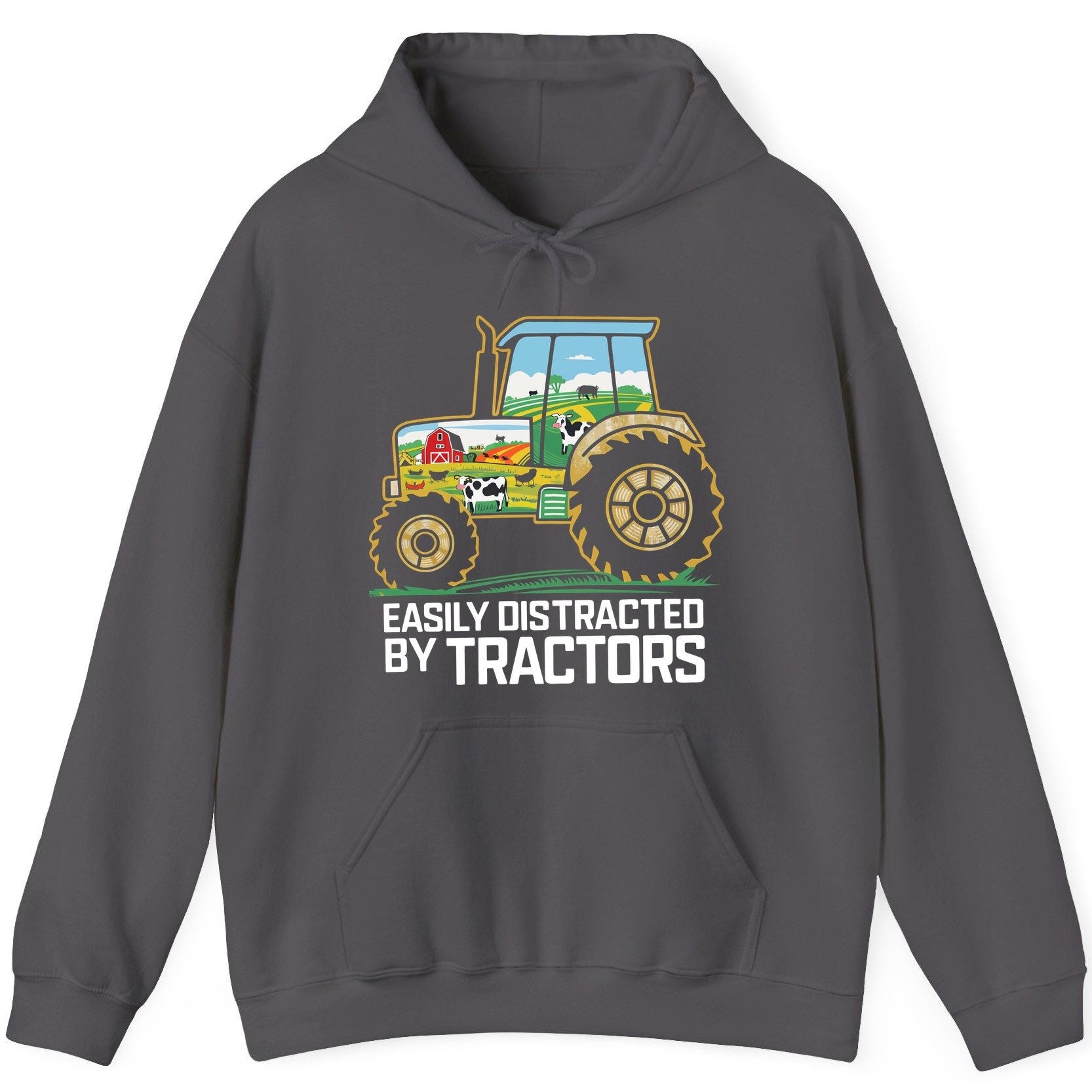 Easily Distracted by Tractors farming Hoodie Charcoal product mockup