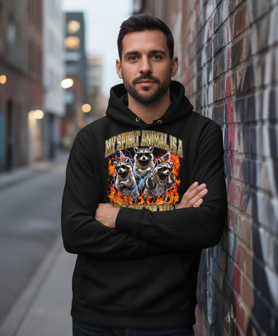 My Spirit Animal Is a Trash Panda raccoon Hoodie Black lifestyle mockup