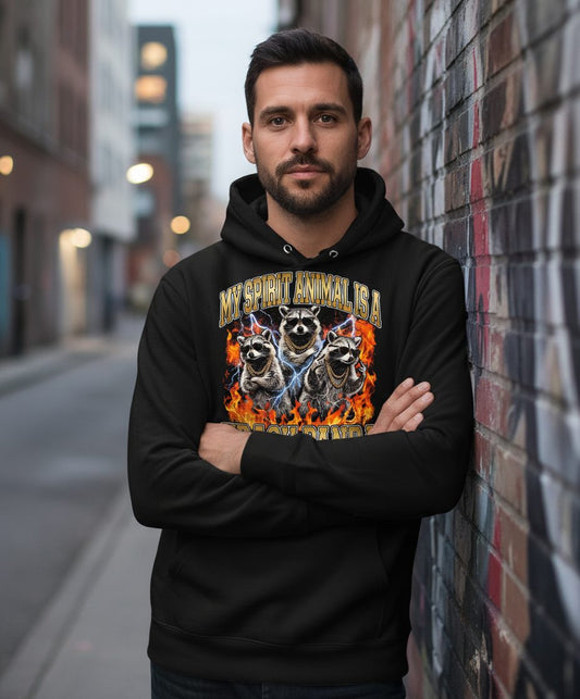 My Spirit Animal Is a Trash Panda raccoon Hoodie Black lifestyle mockup
