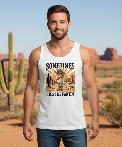 Sometimes It Just Be Fartin' Funny Cowboy Frog Tank Top - lifestyle model mockup - White