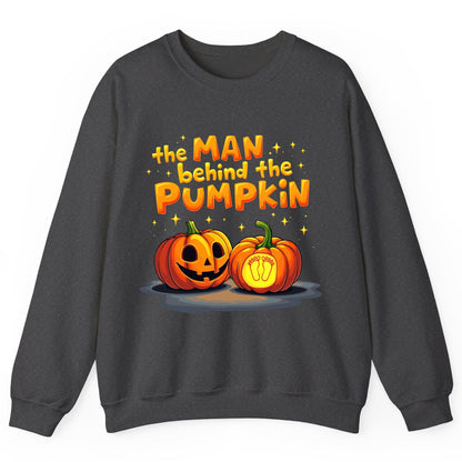 The Man Behind the Pumpkin Halloween pregnancy announcement Sweatshirt Dark Heather product mockup