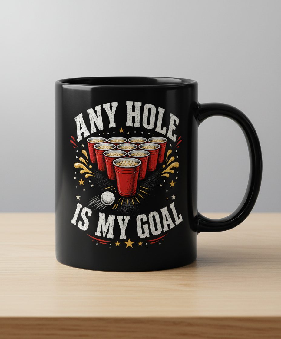 Any Hole Is My Goal Funny Beer Pong Black Mug - product mockup - Black