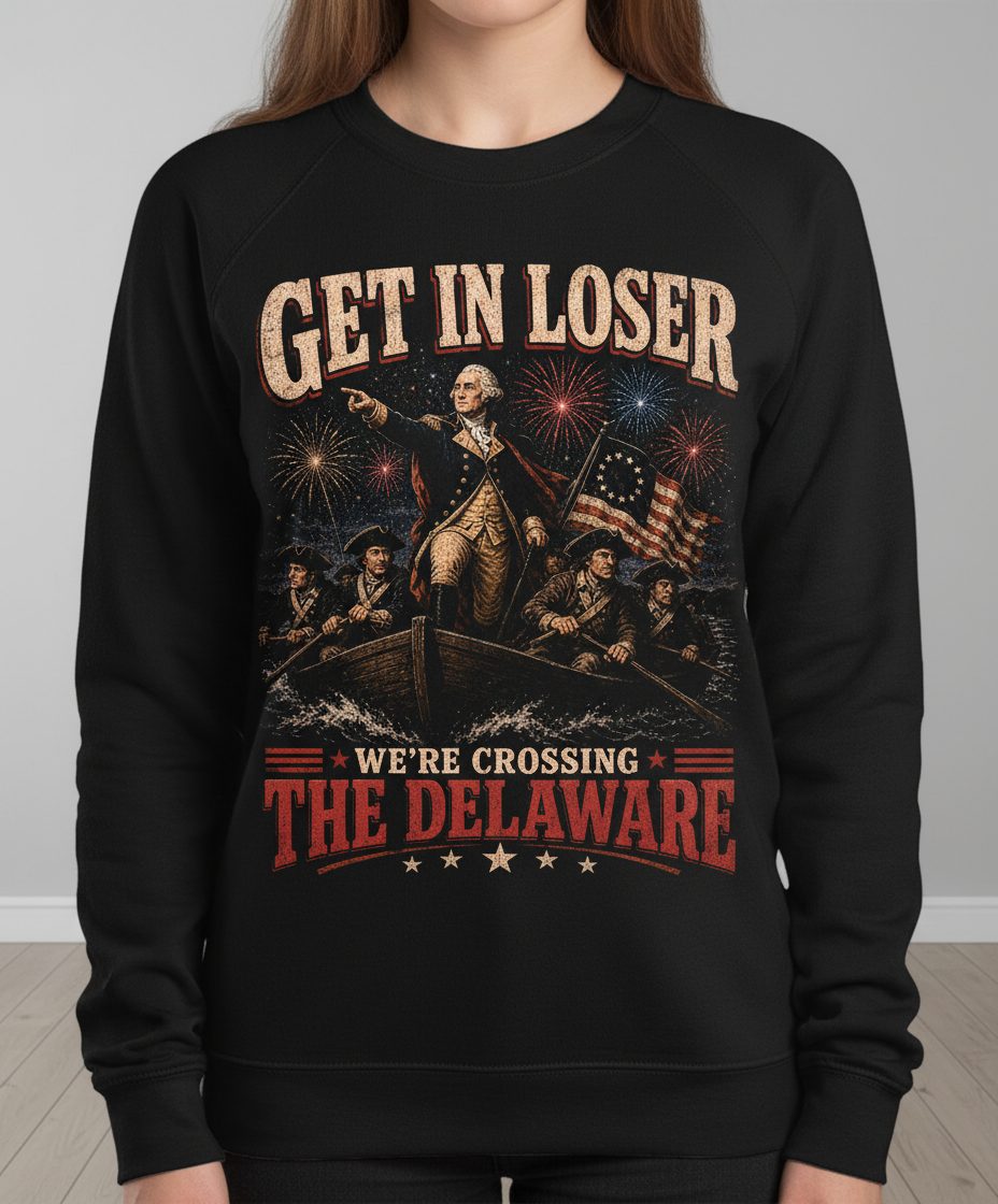 GET IN LOSER WE'RE Crossing THE Delaware Sweatshirt - product mockup - Black