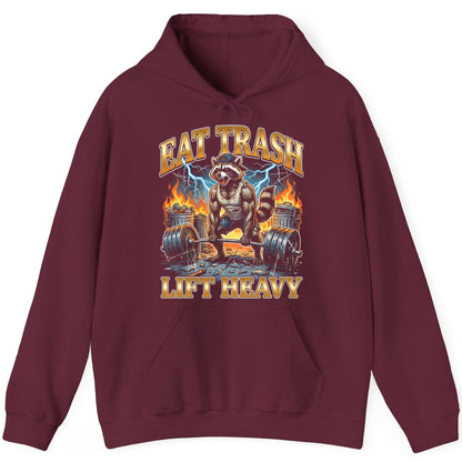 Eat Trash Lift Heavy raccoon Hoodie Maroon product mockup