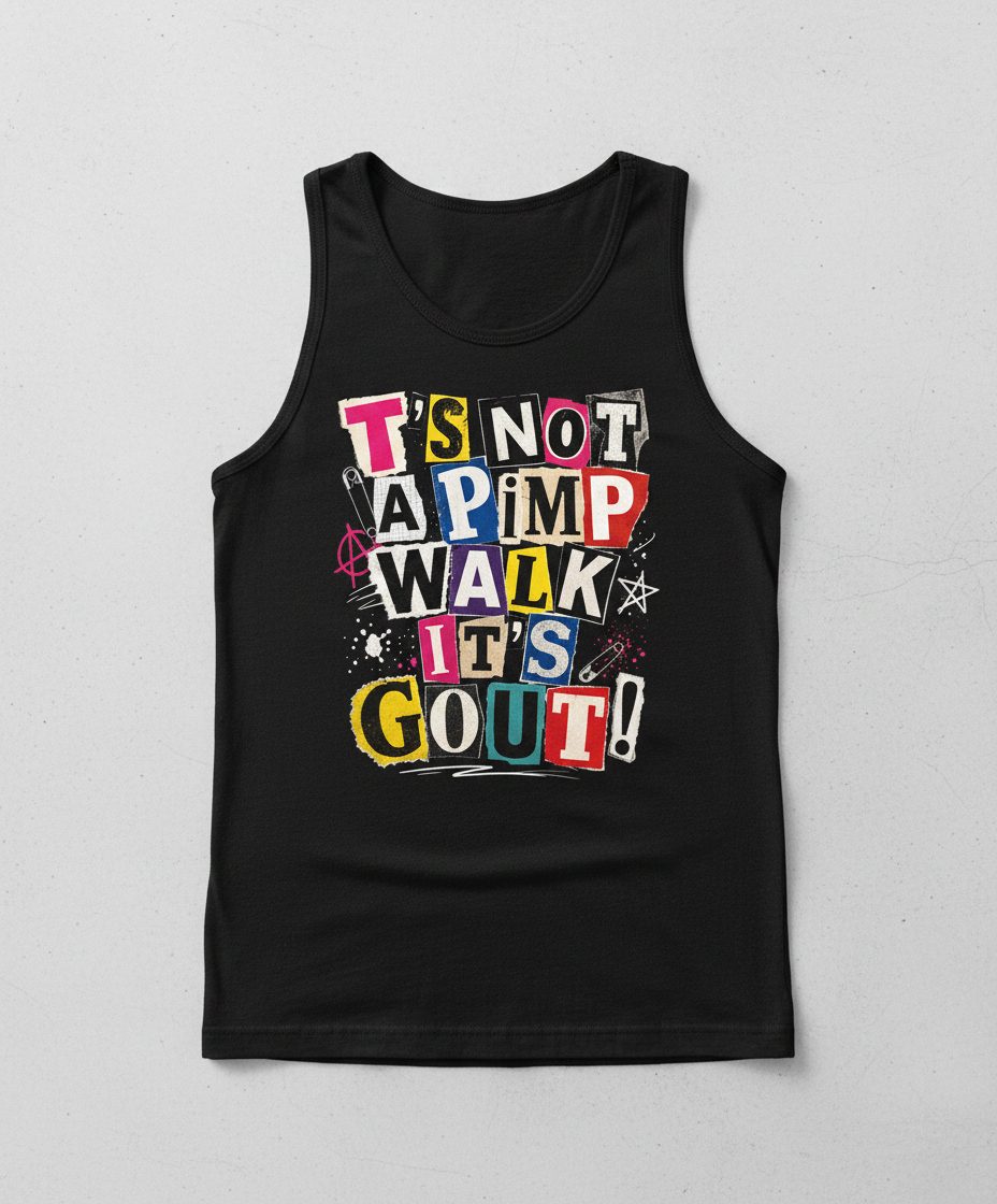 T's Not a Pimp Walk It's Gout Funny Humor Tank Top - product mockup - Black