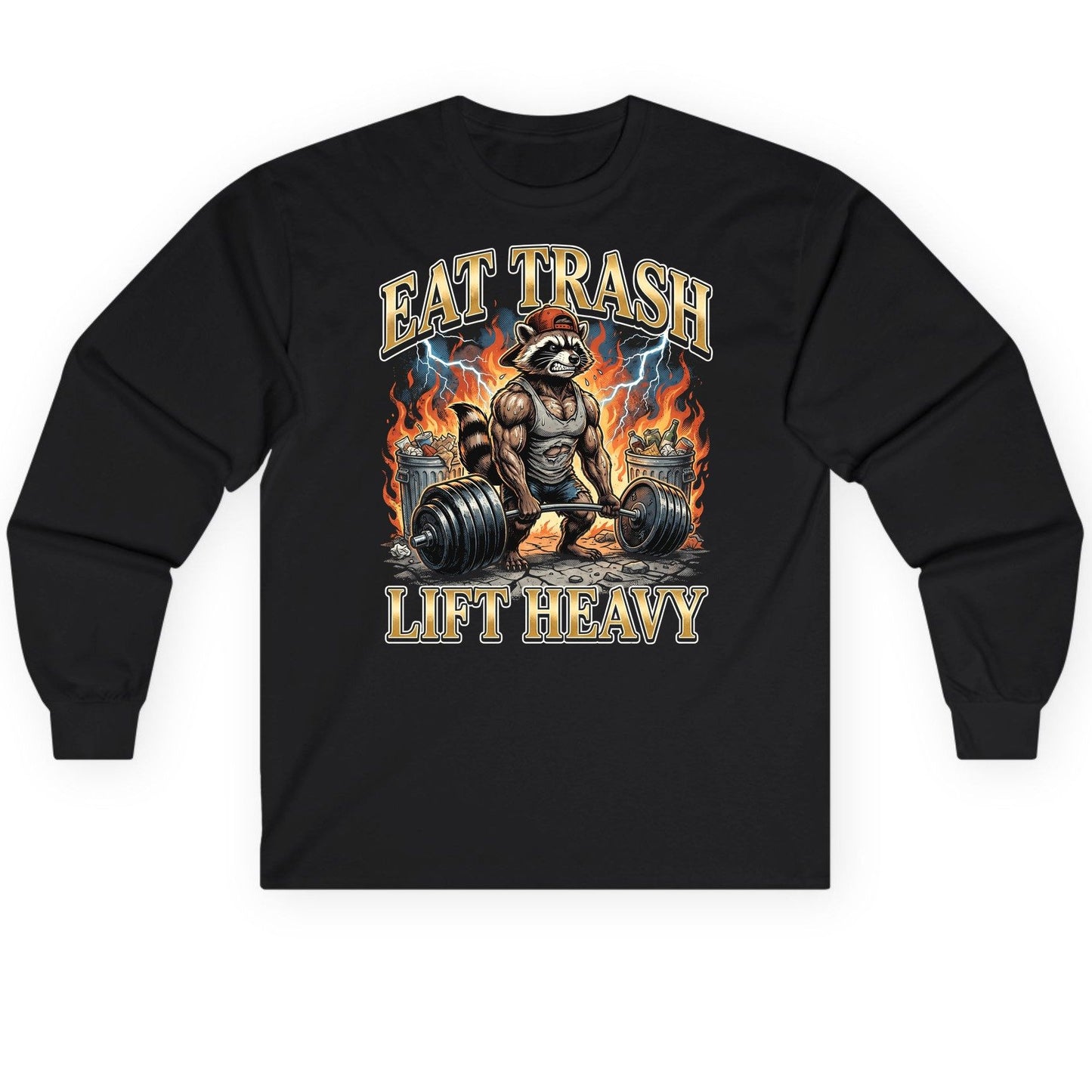 Eat Trash Lift Heavy raccoon Long Sleeve Tee Black product mockup