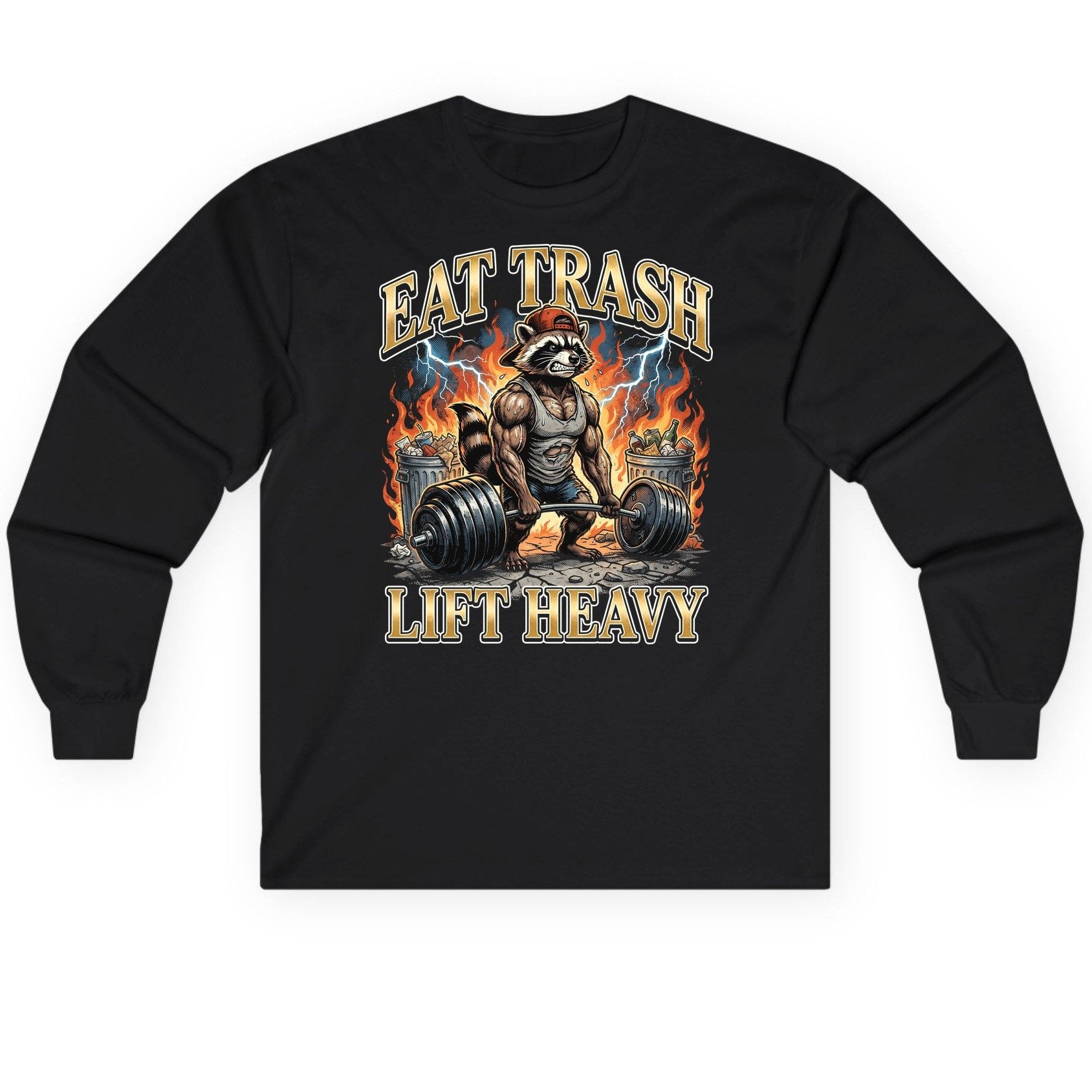 Eat Trash Lift Heavy raccoon Long Sleeve Tee Black product mockup