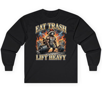 Eat Trash Lift Heavy raccoon Long Sleeve Tee Black product mockup