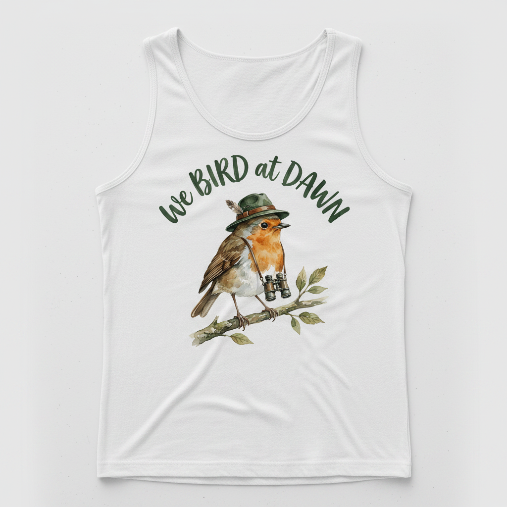 Watercolor Robin Birdwatcher with Hat and Binoculars Tank Top - product mockup - White