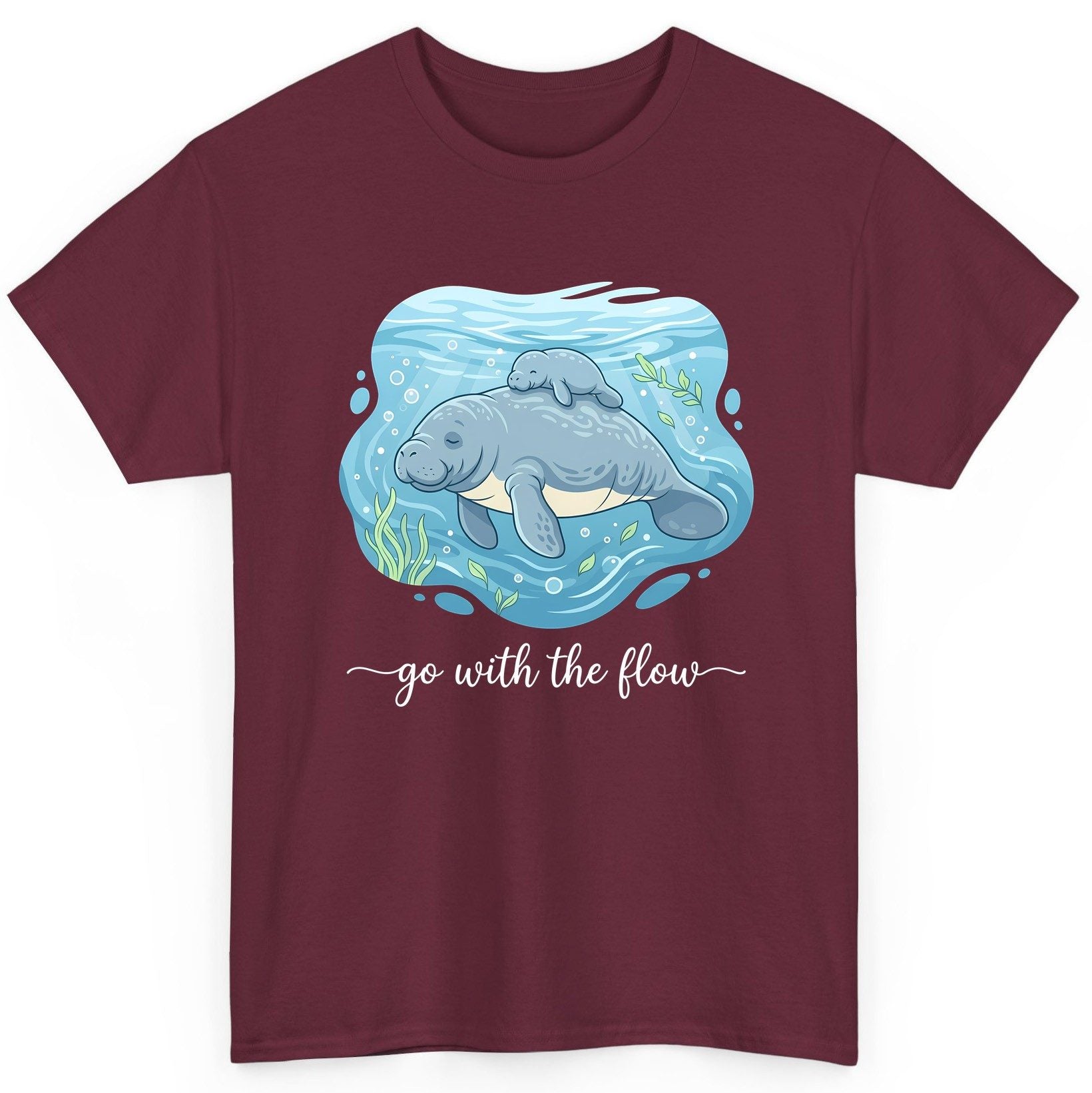 Go with the Flow Manatee T-Shirt - product mockup - Maroon