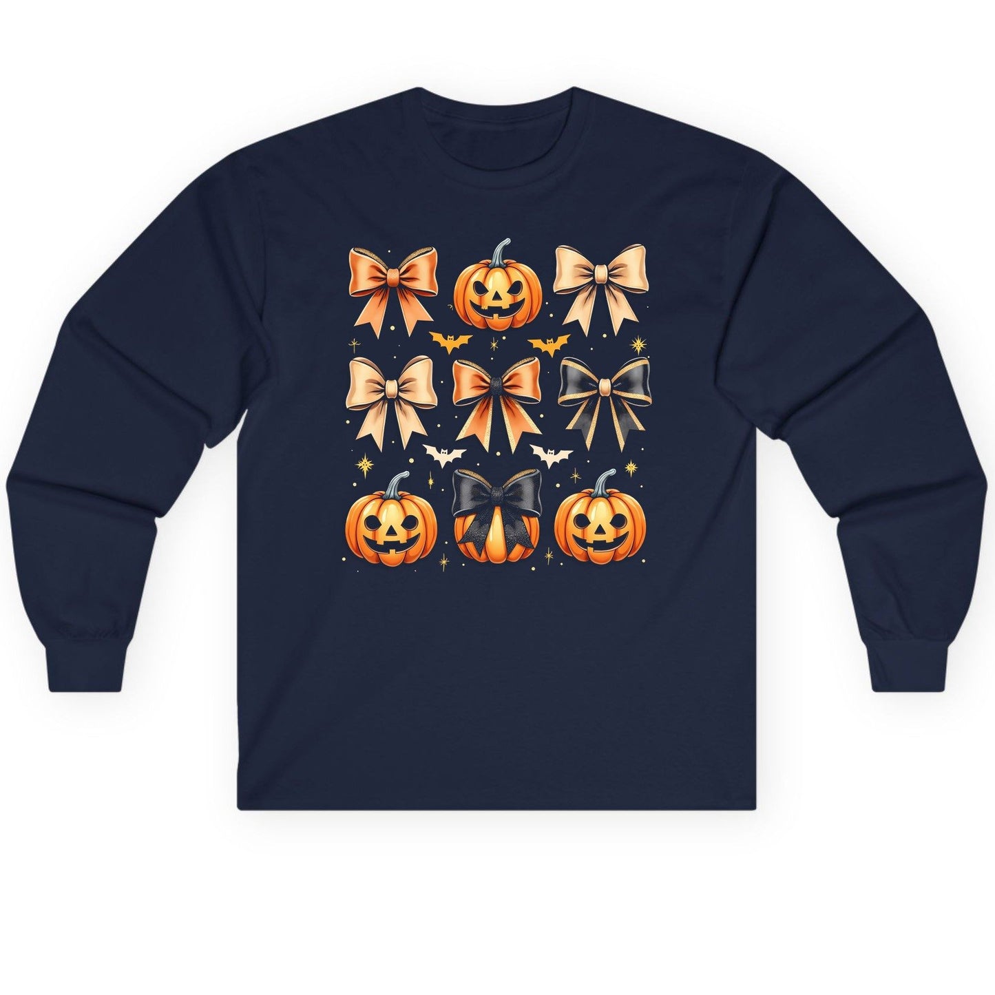 Cute Halloween Pumpkins and Bows Halloween Long Sleeve Tee Navy product mockup