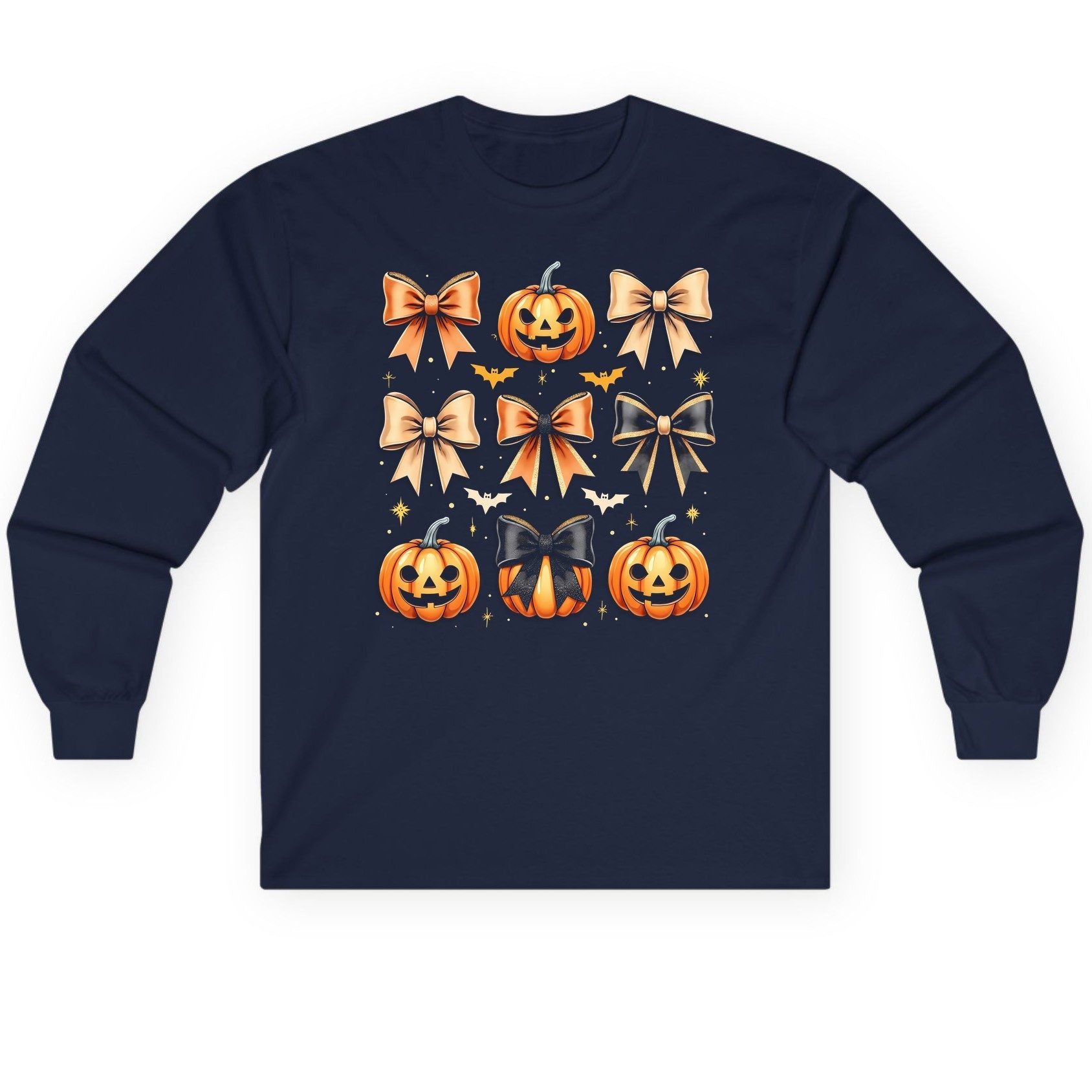 Cute Halloween Pumpkins and Bows Halloween Long Sleeve Tee Navy product mockup