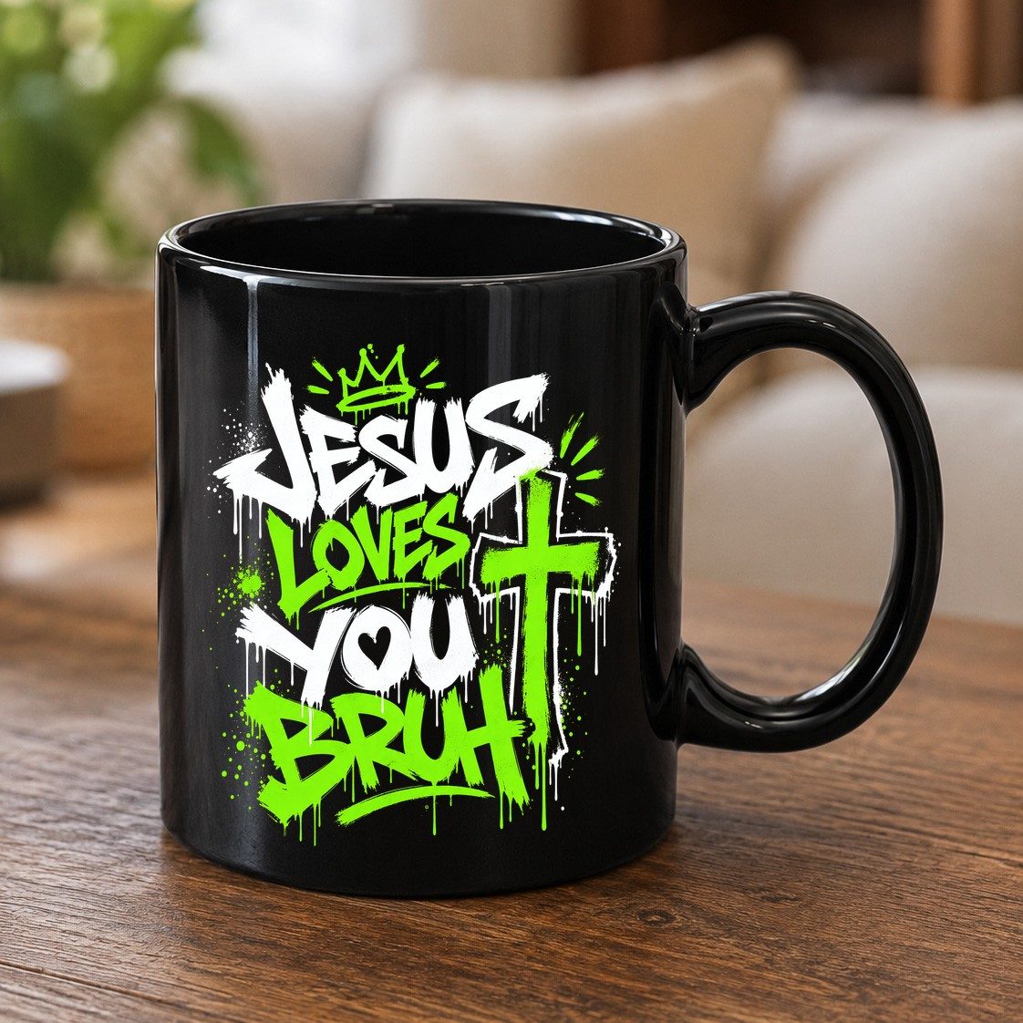 Jesus Loves You Bruh Christian Black Mug - product mockup - Black