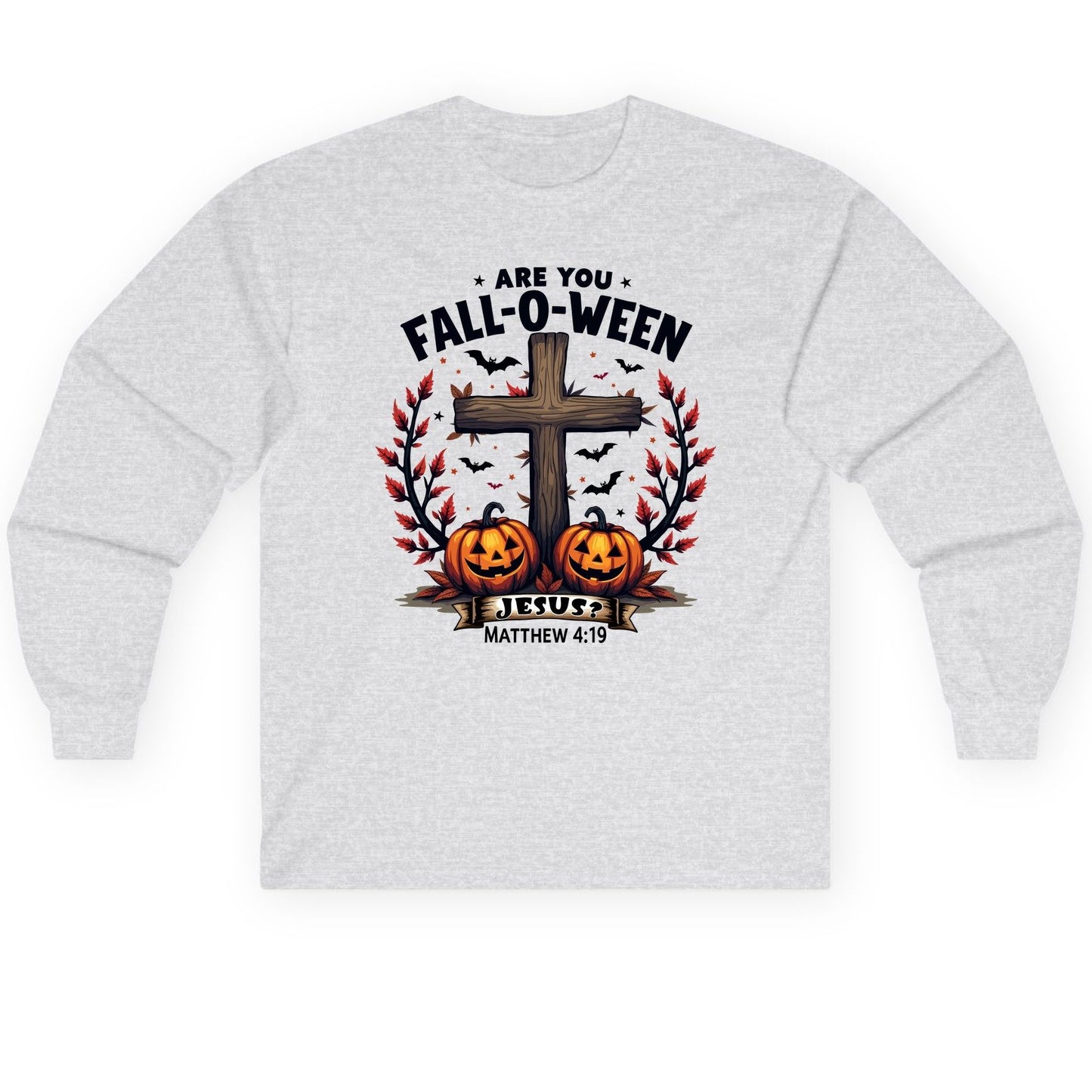 Are You Fall-O-Ween Jesus? christian Halloween Long Sleeve Tee Ash product mockup