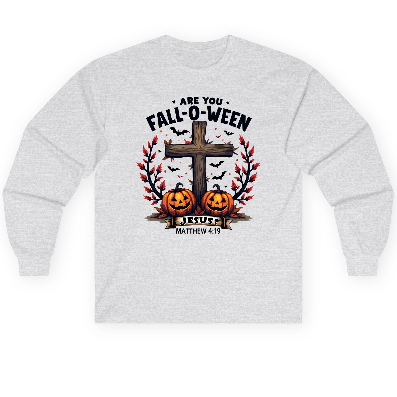 Are You Fall-O-Ween Jesus? christian Halloween Long Sleeve Tee Ash product mockup
