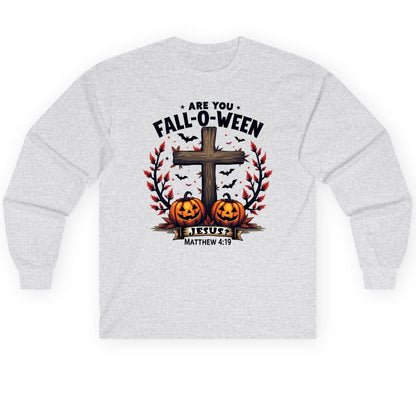 Are You Fall-O-Ween Jesus? christian Halloween Long Sleeve Tee Ash product mockup