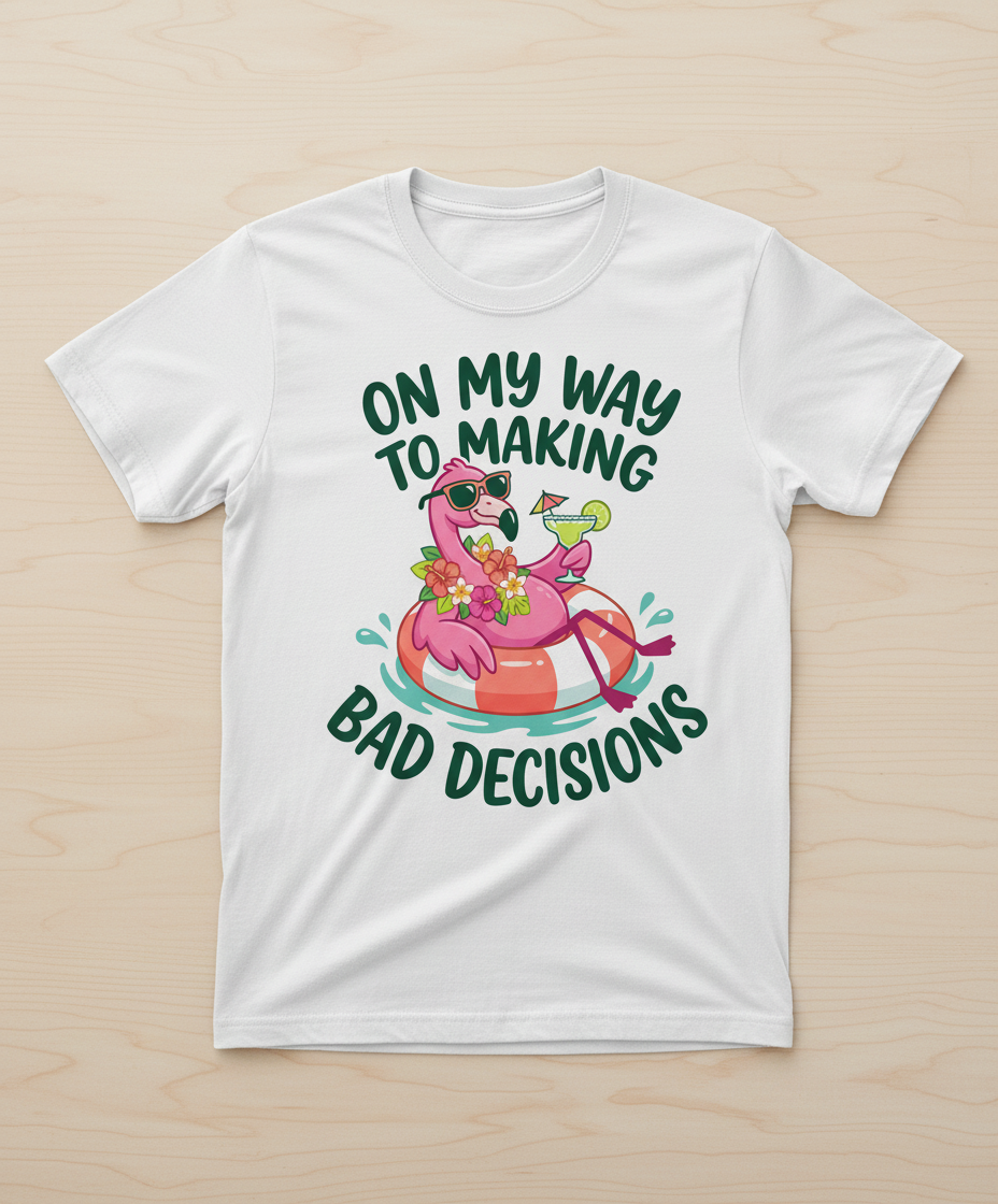 On My Way To Making Bad Decisions Funny Flamingo T-Shirt - White