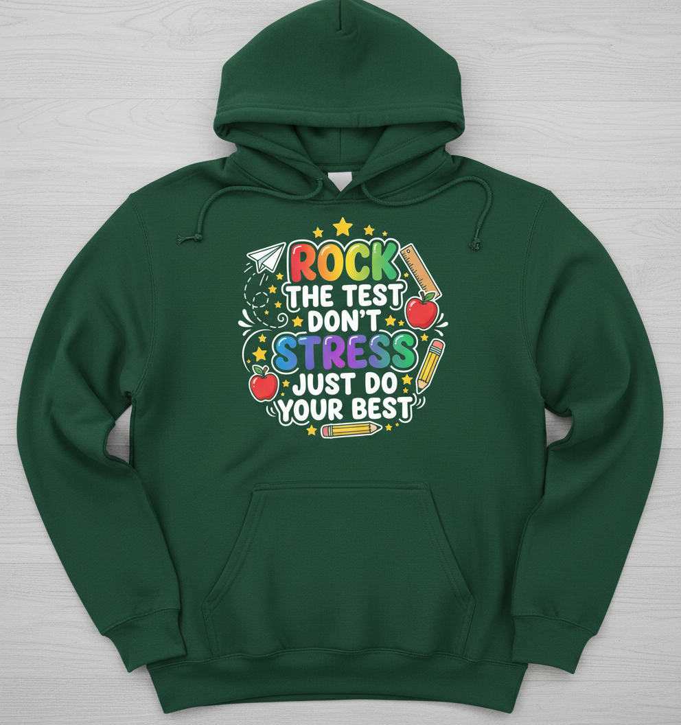 Rock The Test Don't Stress Just Do Your Best Motivational Design Hoodie - Forest Green