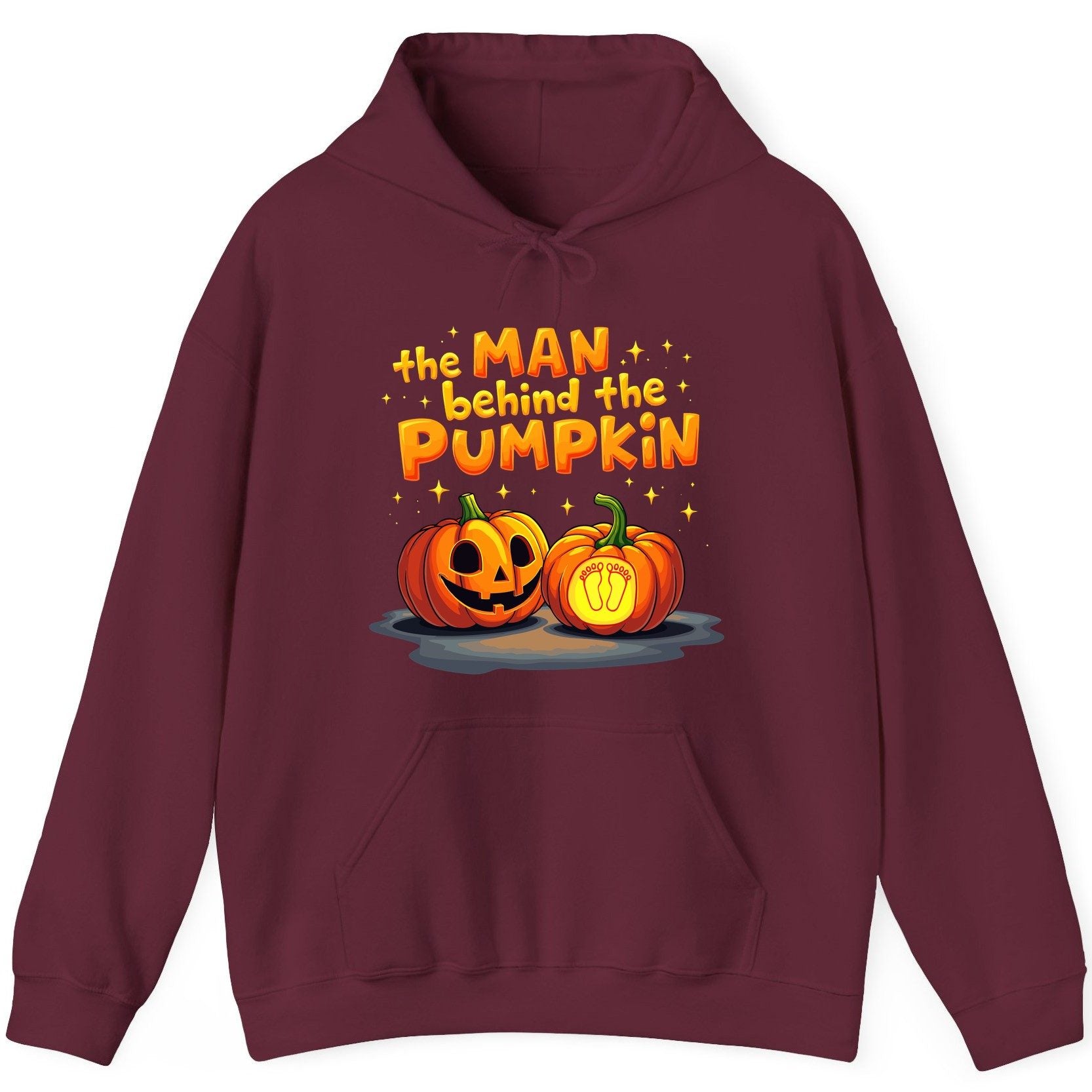 The Man Behind the Pumpkin Halloween pregnancy announcement Hoodie Maroon product mockup