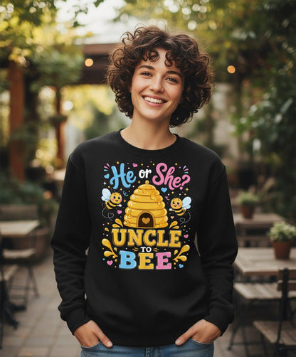 He or She Uncle to Bee Gender Reveal Sweatshirt - lifestyle model mockup - Black