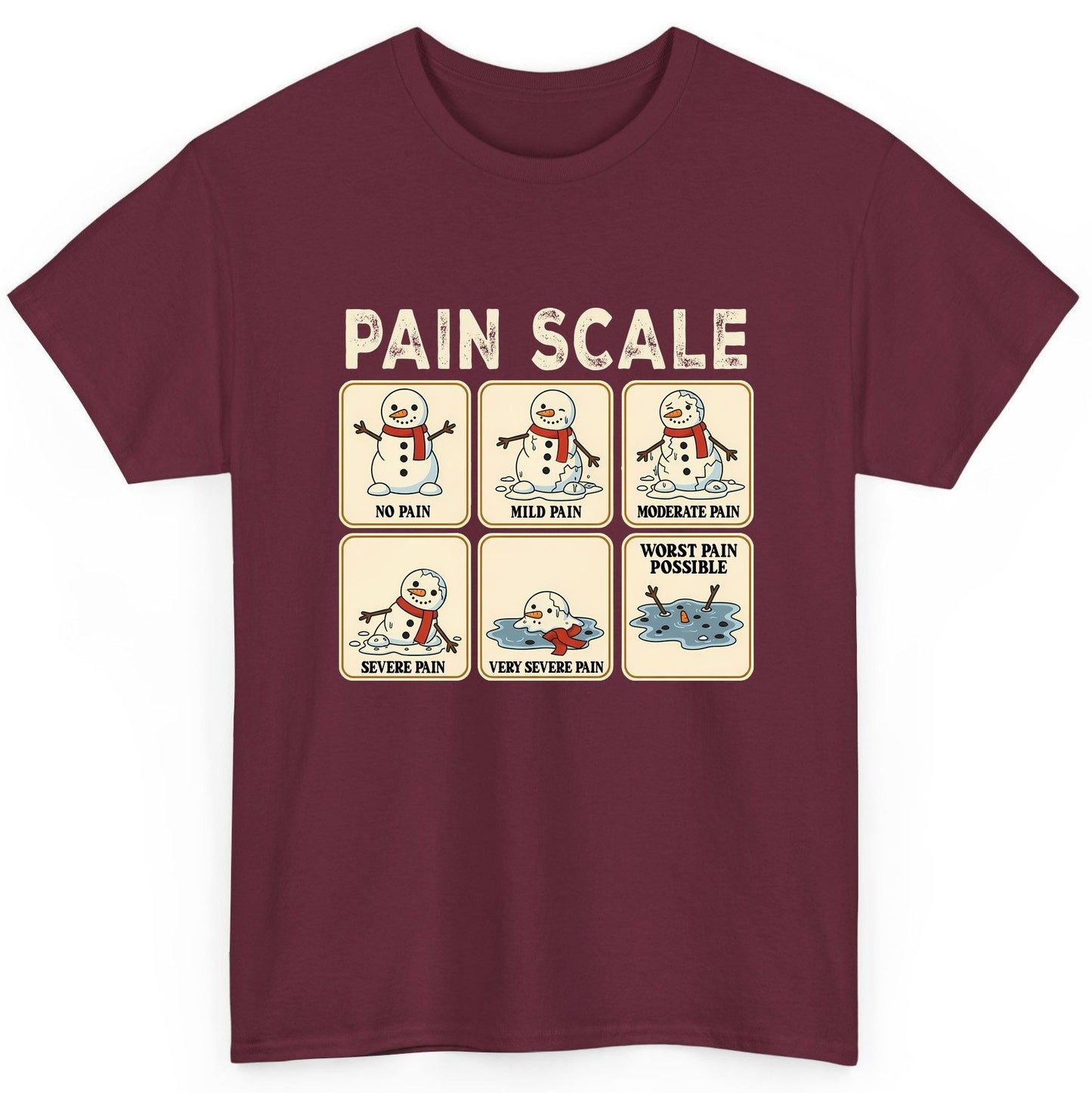 Pain Scale No Pain Mild Pain Moderate Pain Severe Pain Very Severe Pain Worst Pain Possible snowman T-Shirt Maroon product
