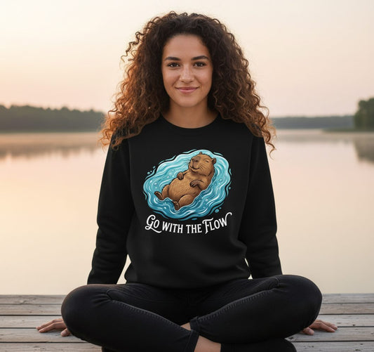 Go WITH THE Flow Funny Capybara Sweatshirt - lifestyle model mockup - Black