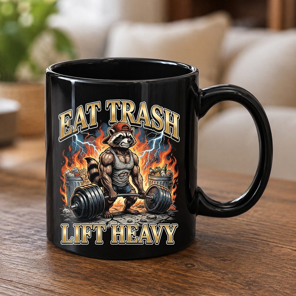 Eat Trash Lift Heavy raccoon Black Mug Black product mockup