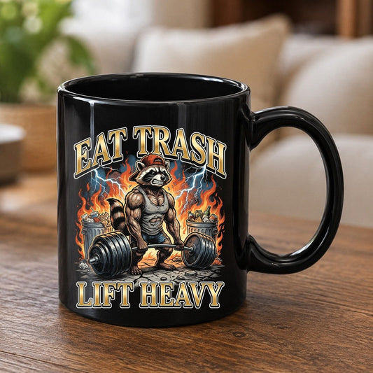 Eat Trash Lift Heavy raccoon Black Mug Black product mockup