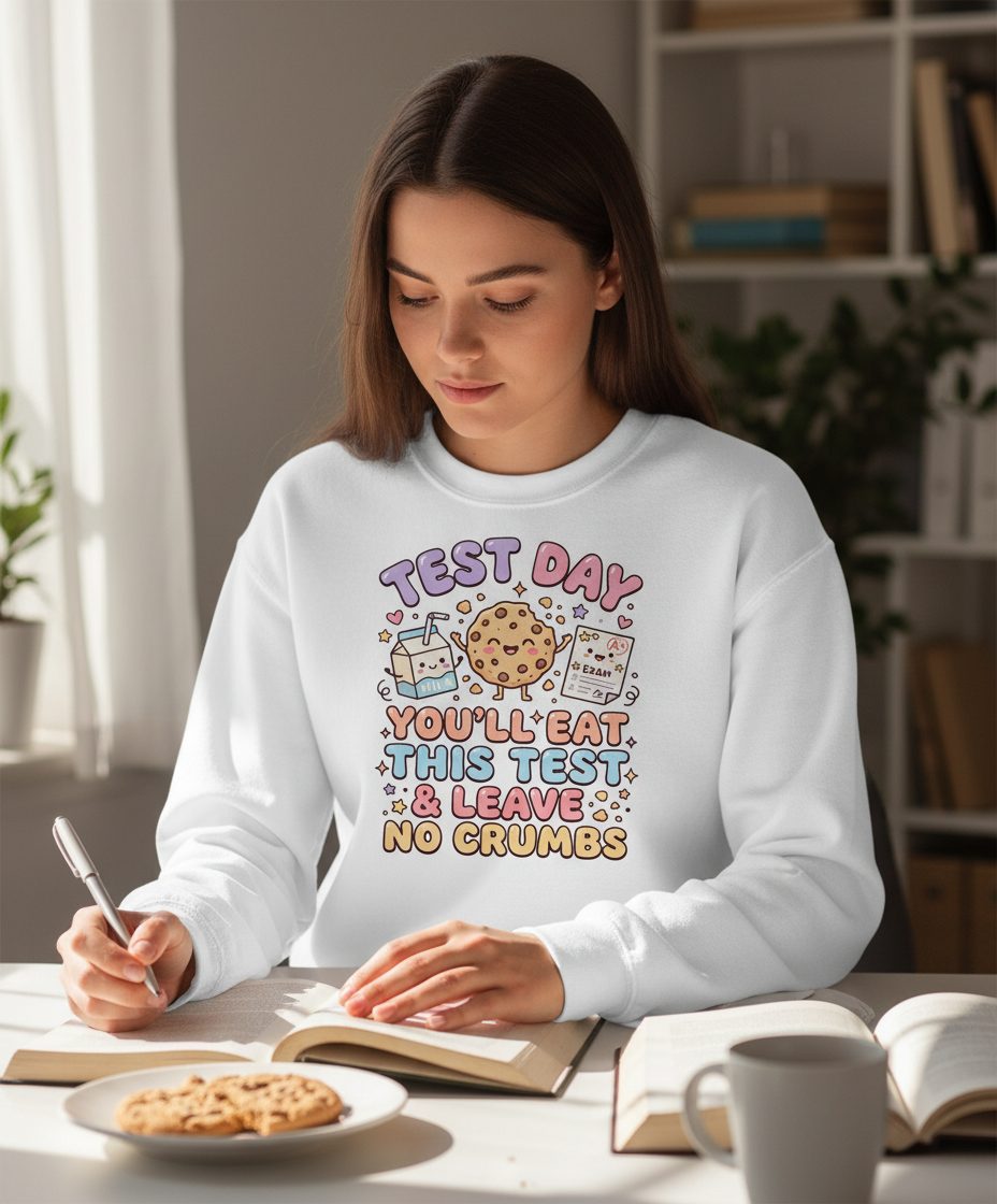 Test Day You'll Eat This Test & Leave No Crumbs Sweatshirt - lifestyle model mockup - White