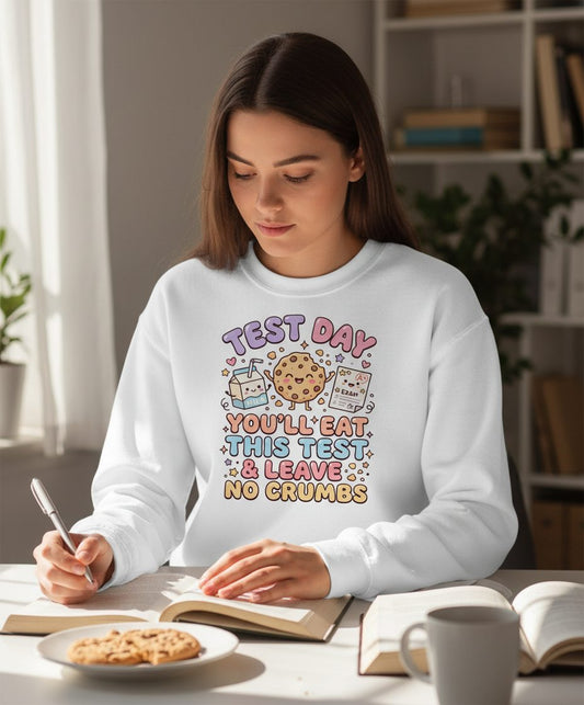 Test Day You'll Eat This Test & Leave No Crumbs Sweatshirt - lifestyle model mockup - White