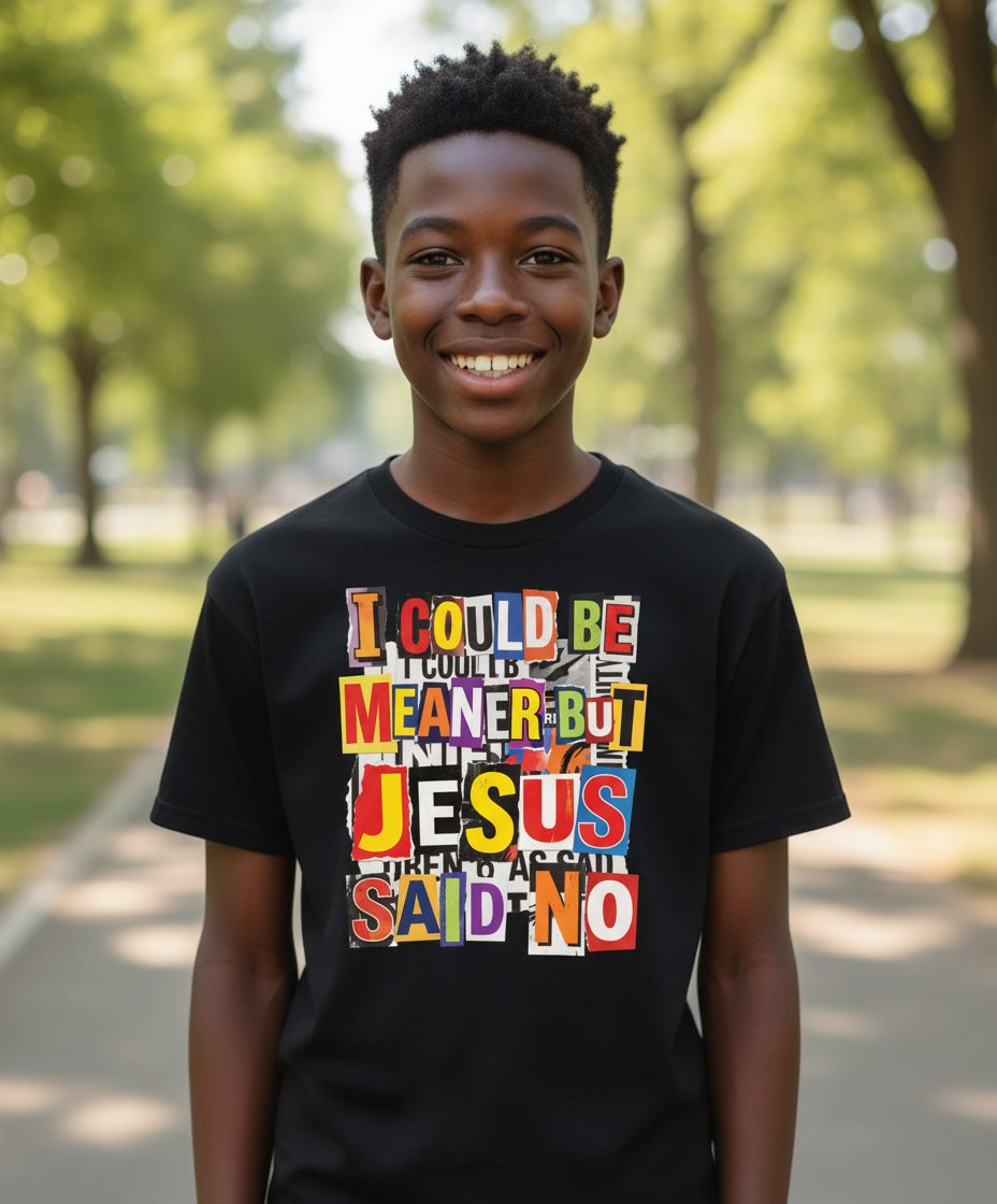 I COULD BE MEANER BUT JESUS SAID NO Youth T-Shirt - lifestyle model mockup - Black