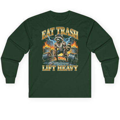 Eat Trash Lift Heavy raccoon Long Sleeve Tee Forest Green product mockup