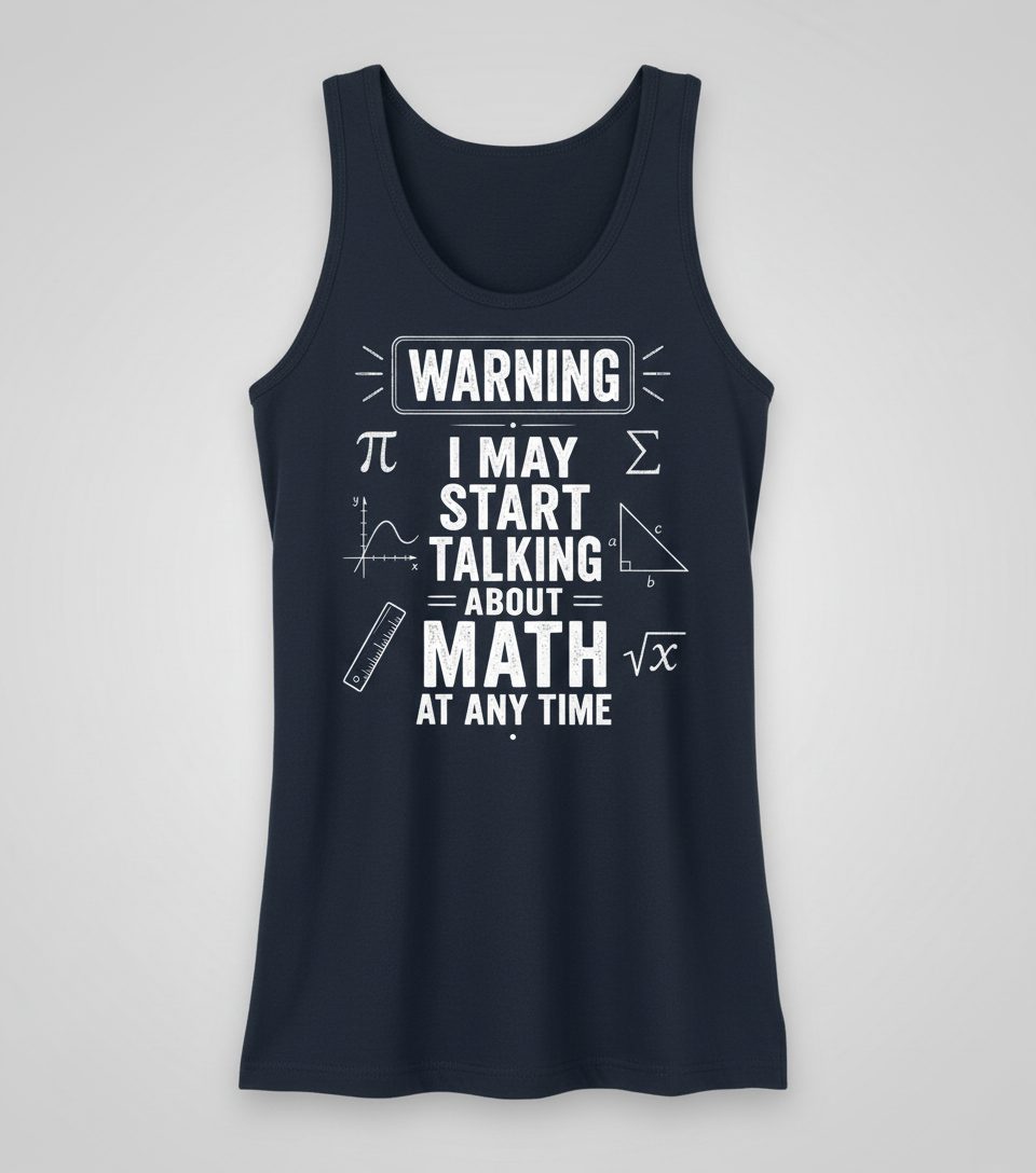 Warning I May Start Talking About Math at Any Time Funny Teachers Tank Top - product mockup - Navy