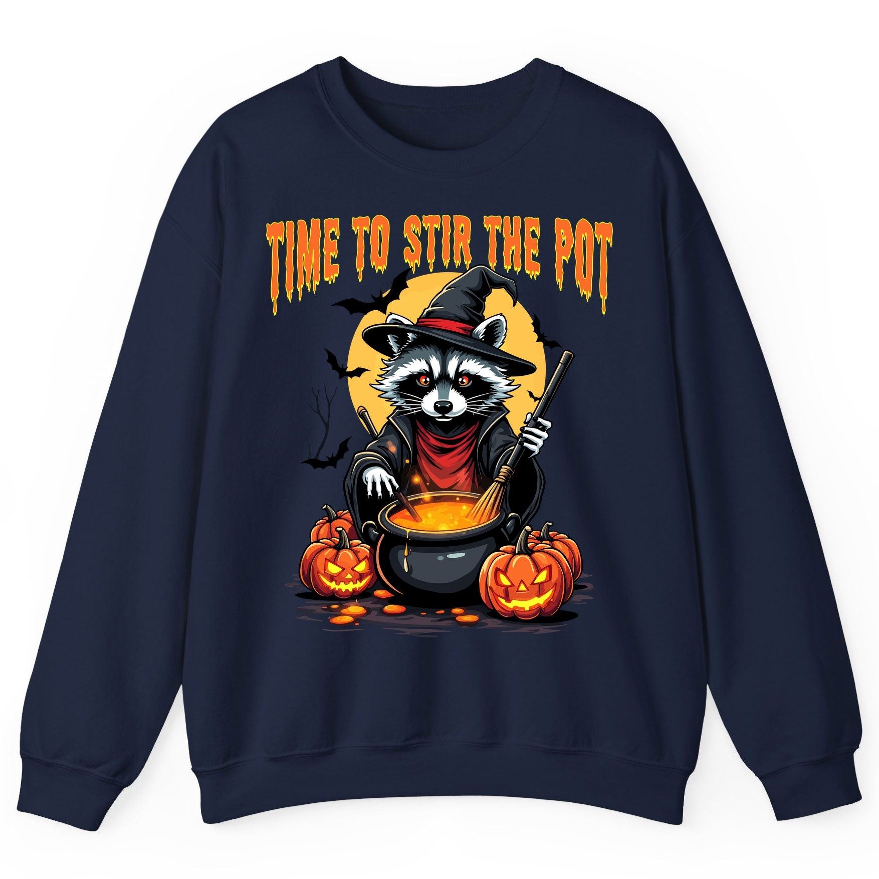 Time to Stir the Pot Halloween raccoon Sweatshirt Navy product mockup
