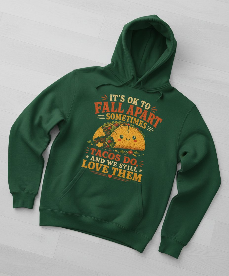IT'S OK TO FALL APART Sometimes TACOS DO AND WE STILL LOVE THEM Hoodie - product mockup - Forest Green