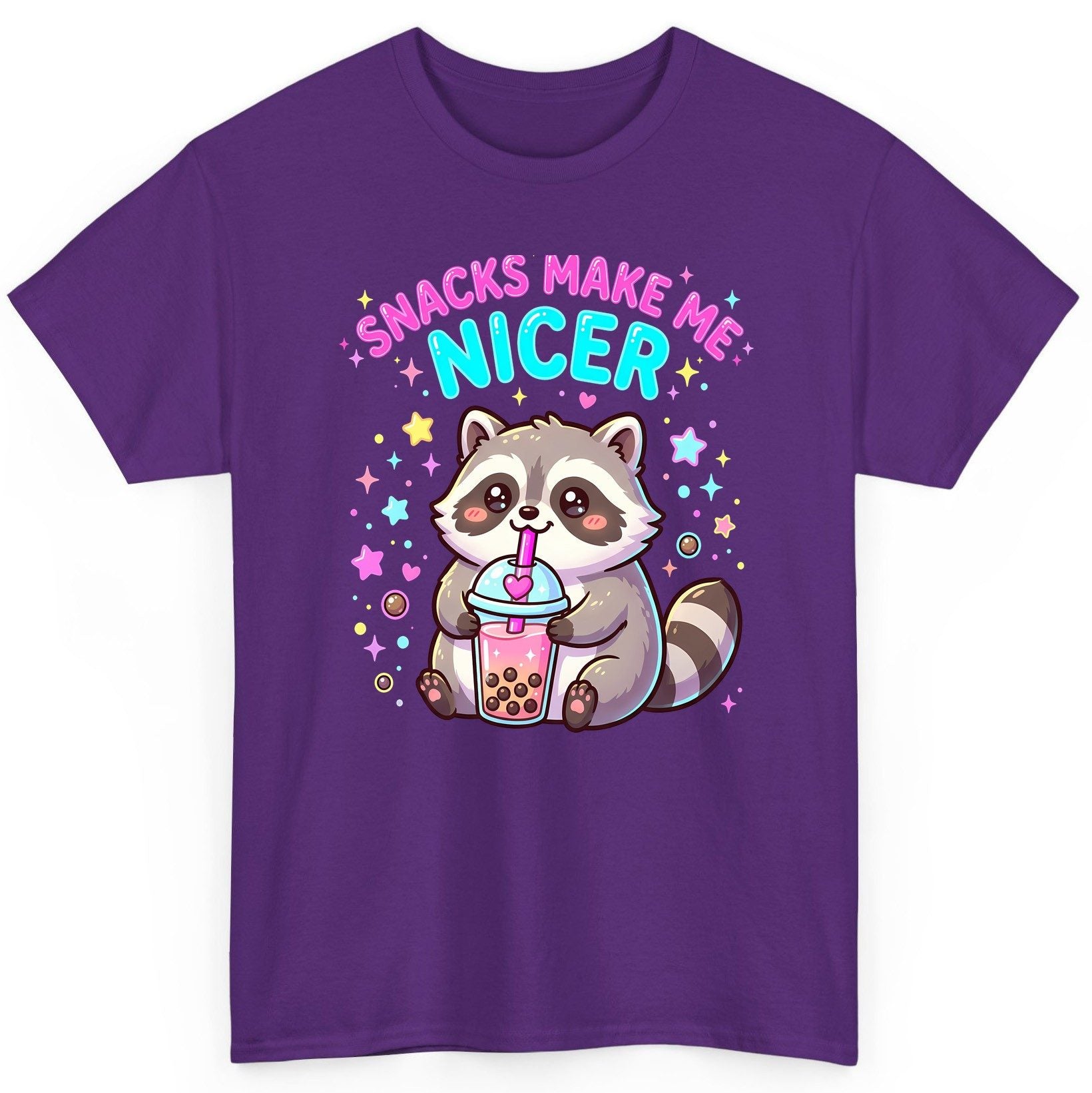 SNACKS MAKE ME NICER Funny Raccoon T-Shirt - product mockup - Purple