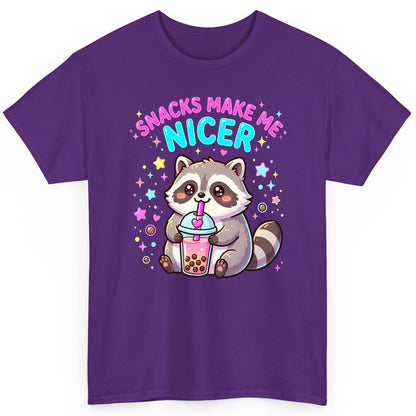 SNACKS MAKE ME NICER Funny Raccoon T-Shirt - product mockup - Purple