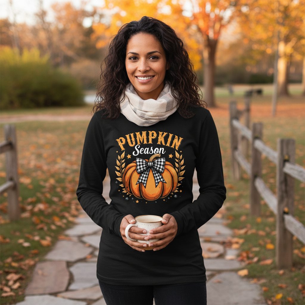 Pumpkin Season fall Long Sleeve Tee Black lifestyle mockup