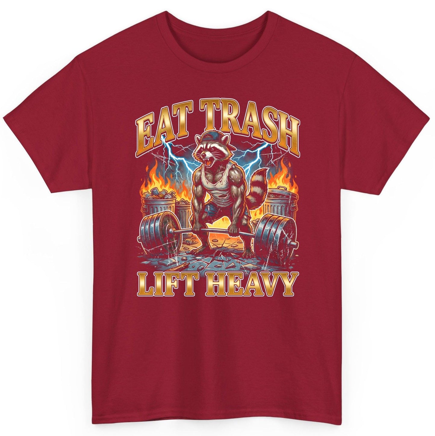 Eat Trash Lift Heavy raccoon T-Shirt Cardinal Red product mockup