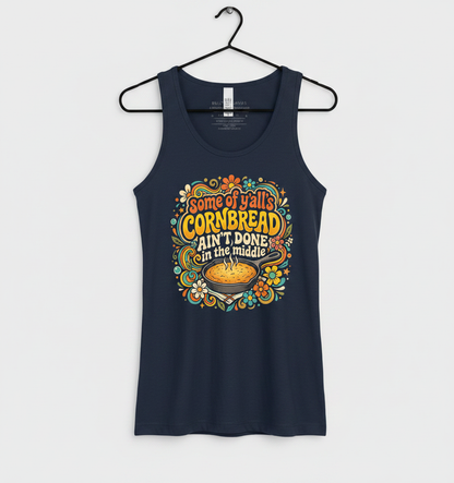 Funny Southern Saying 'Cornbread Ain't Done' Retro 70s Design Tank Top - Navy