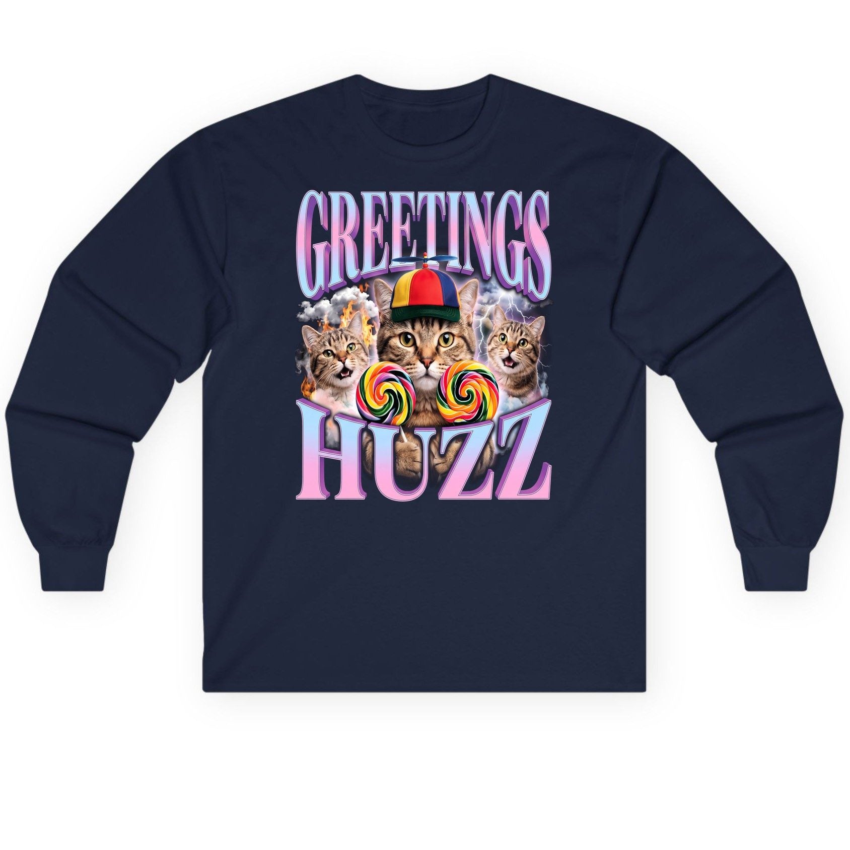 Greetings Huzz Funny Cats Long Sleeve Tee - product mockup - Navy