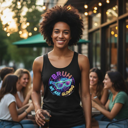 BRUH WE ARE GLOWING Neon Party Tank Top Black lifestyle mockup