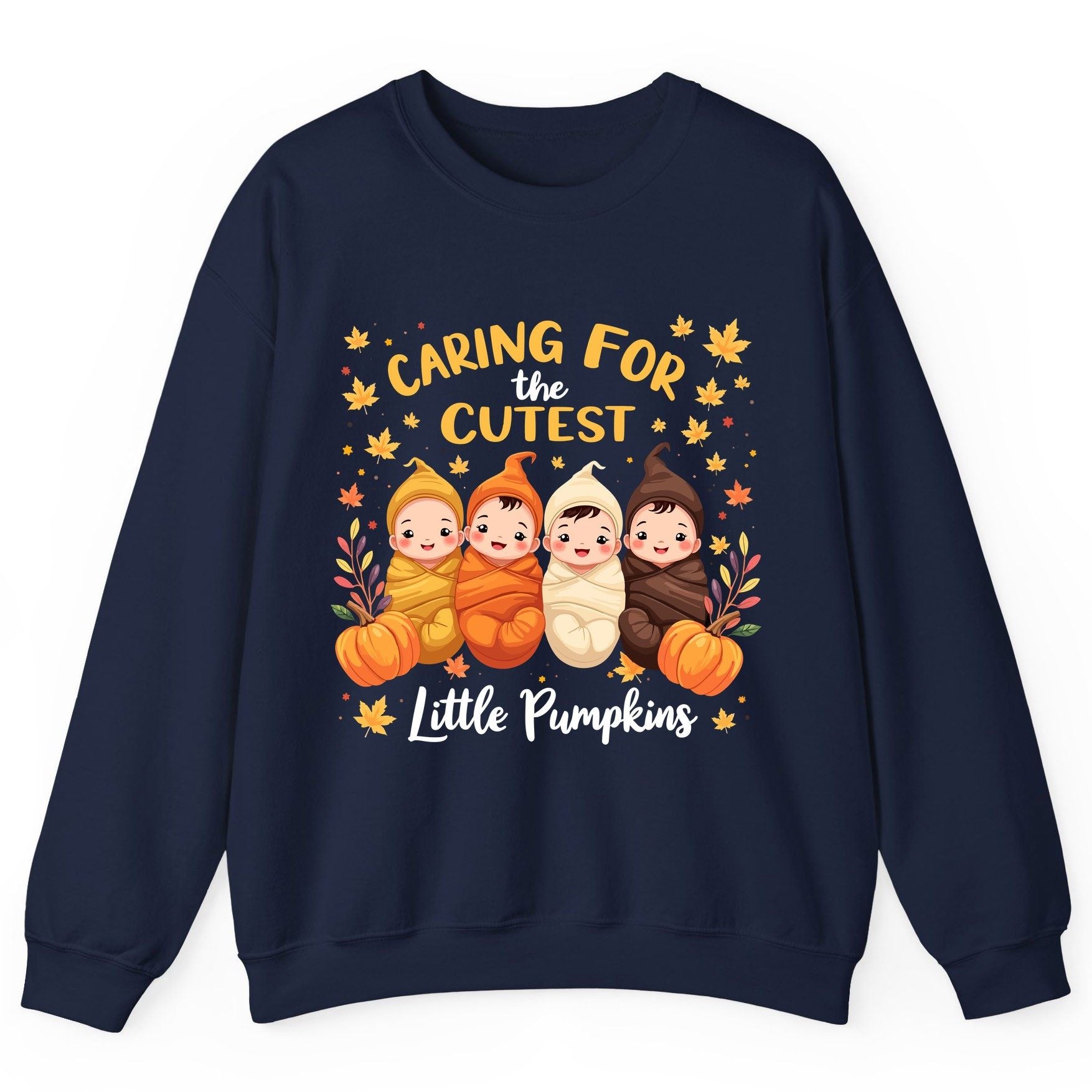 Caring for the Cutest Little Pumpkins swaddled babies Sweatshirt Navy product mockup