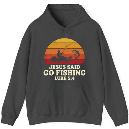 JESUS SAID GO Fishing LUKE 5 4 Retro Christian Hoodie - product mockup - Dark Heather