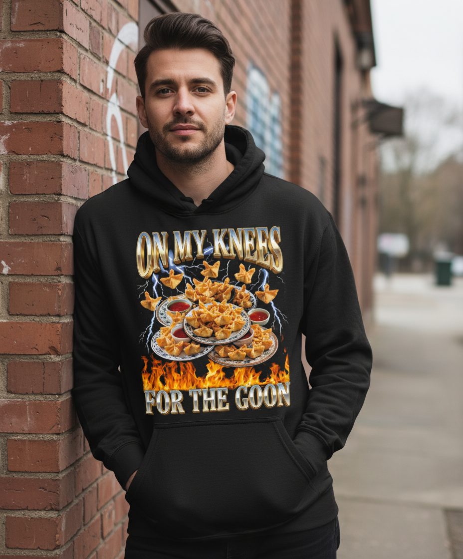 On My Knees for the Goon crab rangoon Hoodie Black lifestyle mockup