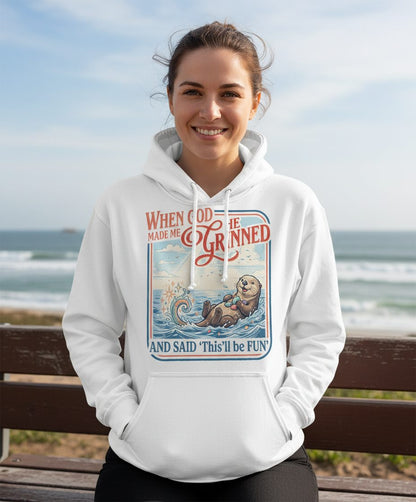 When God Made Me He Grinned and Said 'This'll Be FUN' Hoodie - lifestyle model mockup - White